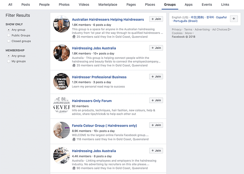 Hairdresser groups on Facebook
