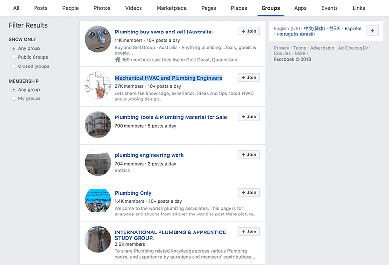 Plumber groups on Facebook