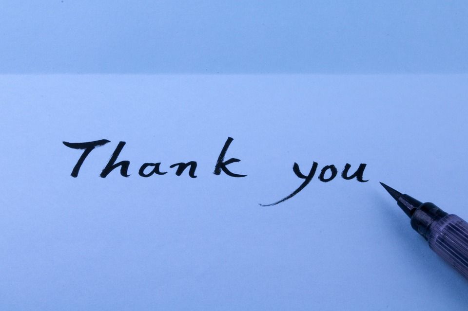 A handwritten thank you note