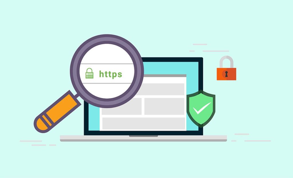 Magnifying glass highlighting HTTPS