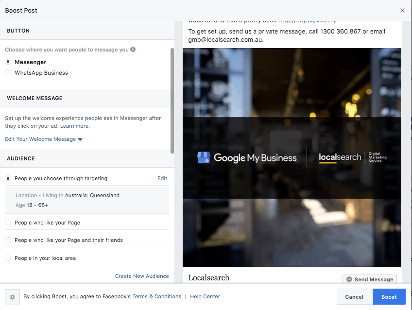 Example of boosing a post on Facebook