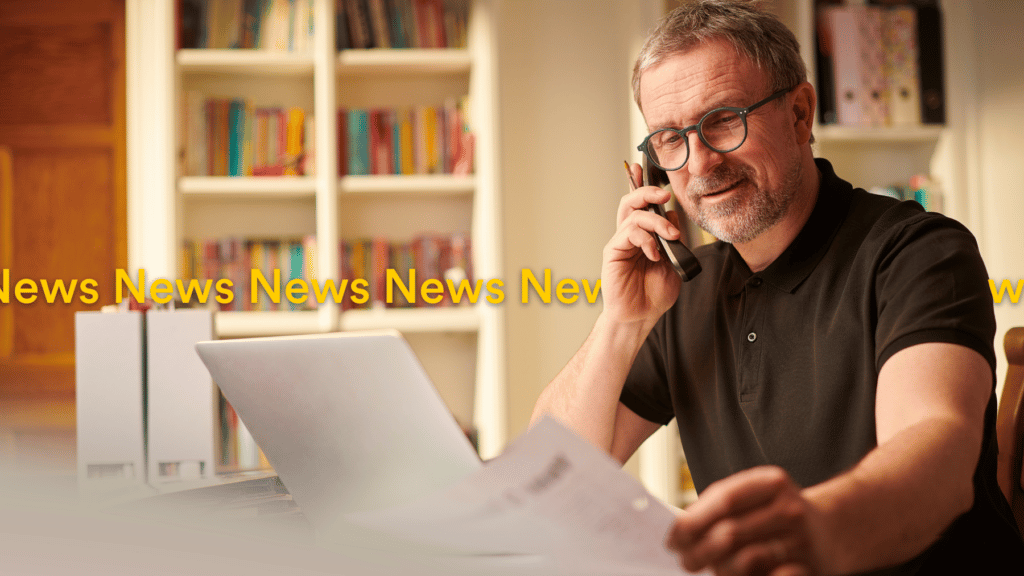 Australian business owner on the phone and reading information localsearch QLD