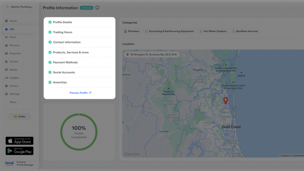 Profile Information Checklist on Localsearch Business Profile