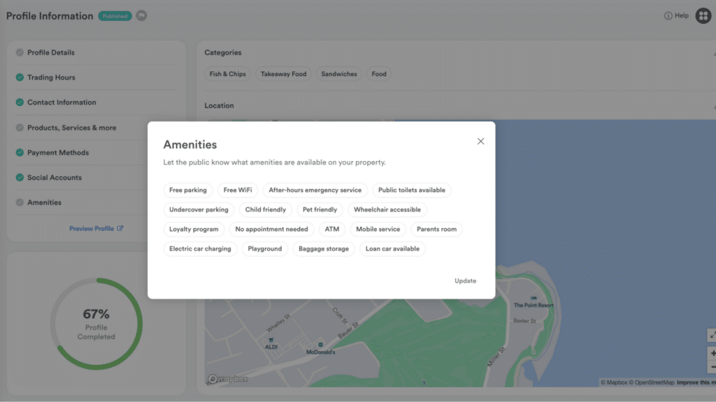 List of Amenities on Localsearch Business Profile